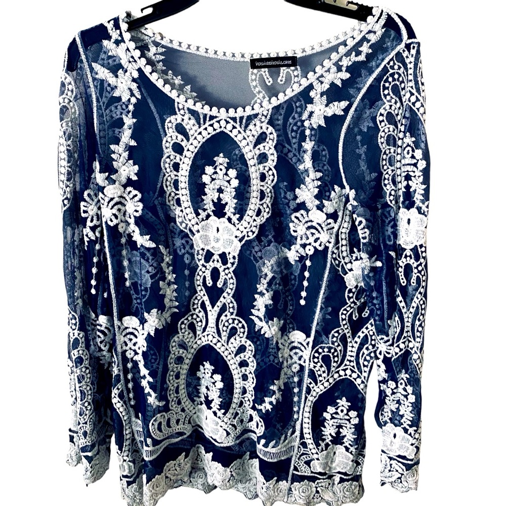 Embroidered Navy Blue Lace Overlay Long-Sleeve Top